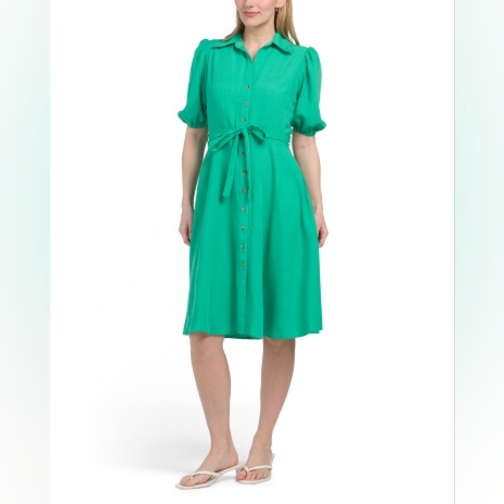 NWT - Sharagano Linen Blend Puff Sleeve "Lily Pad" Midi Shirt Dress -Size 14
